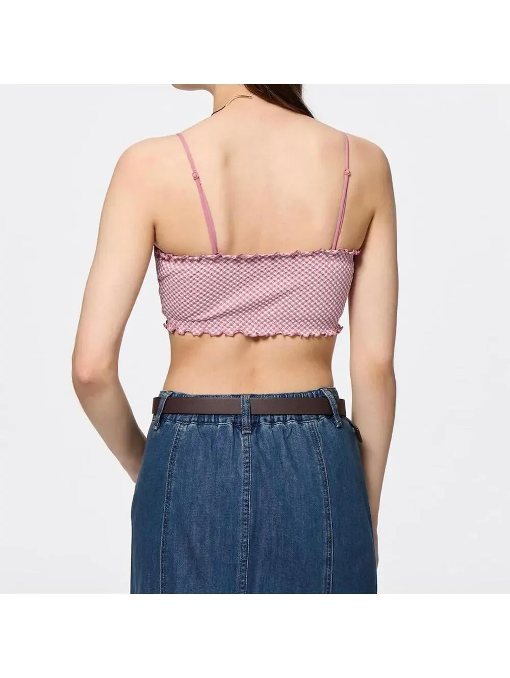 Uniqlo GU Gingham Check 2Way Bandeau Pink Crop Top NWT Small